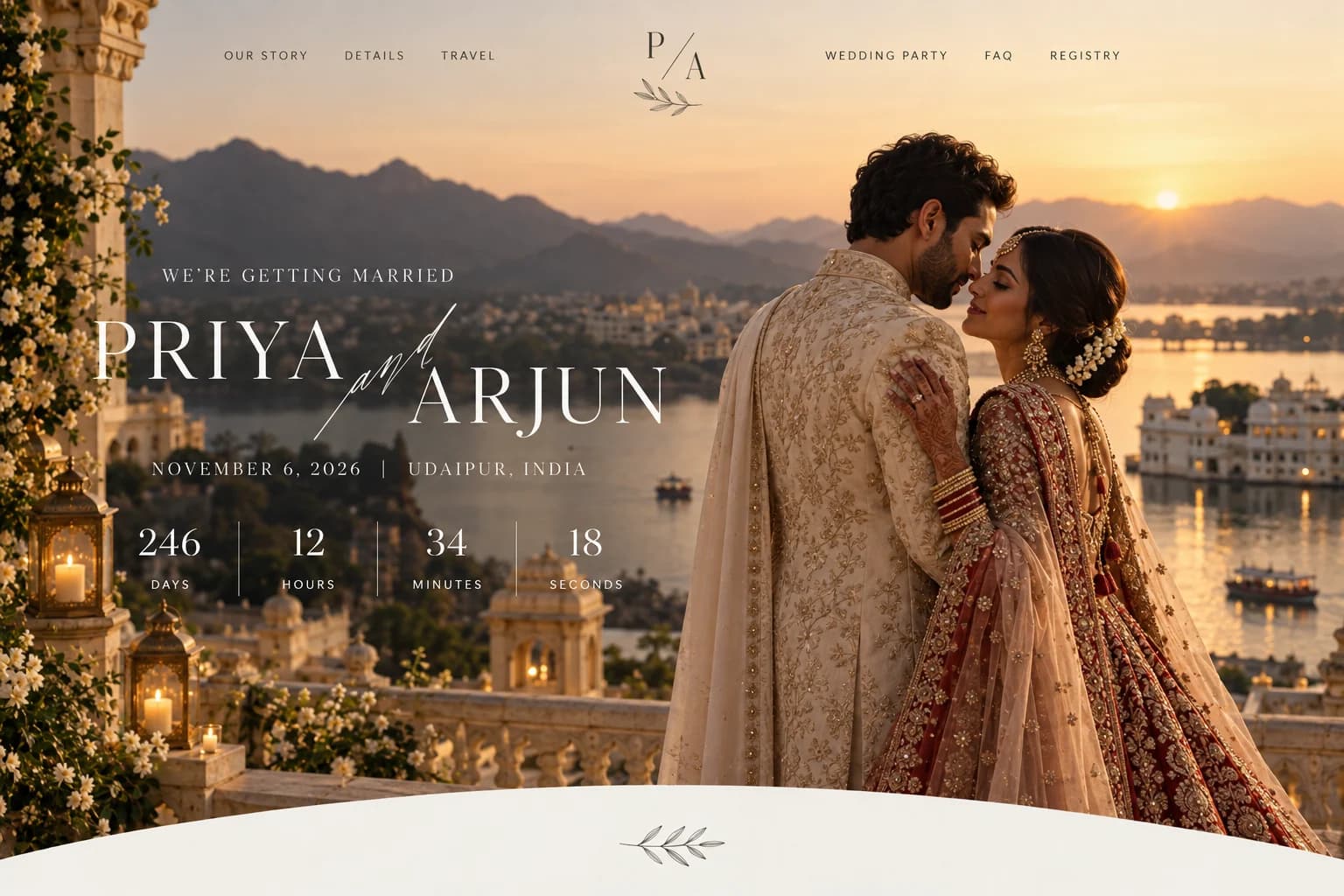Priya & Arjun wedding website on desktop